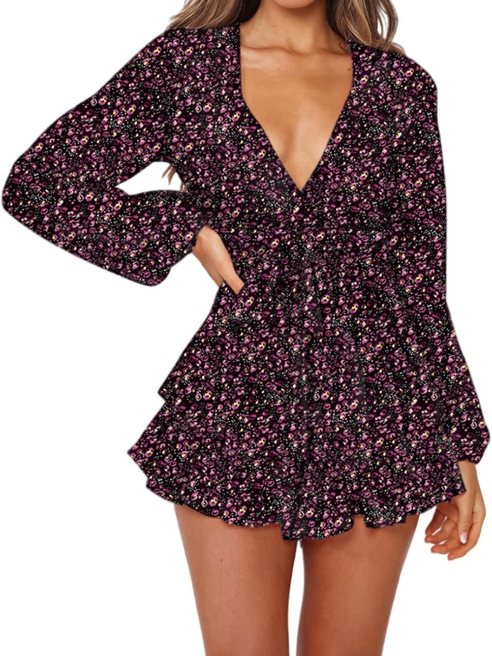 Amazon Floral V-Neck Long Sleeve Romper in Black and Pink